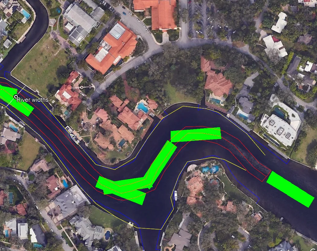 Aerial GIS overlay of The Wiggles on the New River — showing barge maneuvering footprint (green), USACOE channel boundary (yellow), and minimum 60-foot corridor (red)