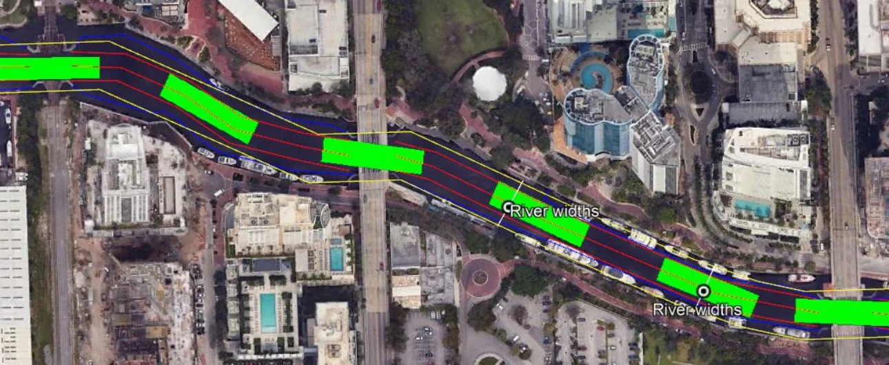 Encroached channel — barge maneuvering footprint with 30% dock extension from both banks