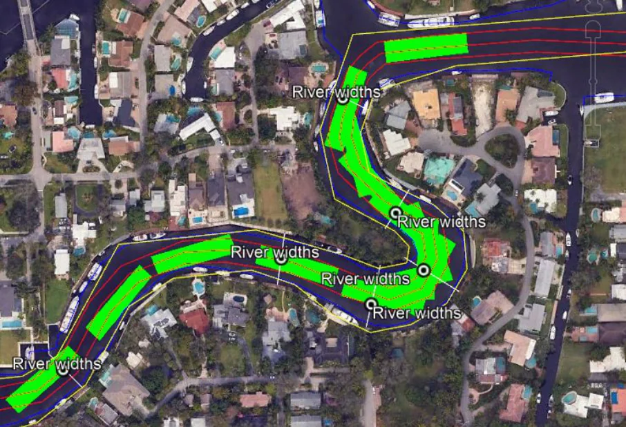 Little Florida — Red 60-foot minimum channel, USACOE boundary, and green barge-plus-tug maneuvering footprint