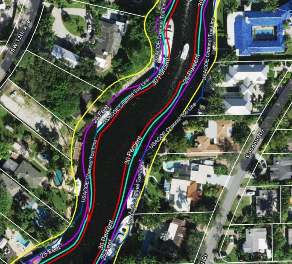 The Wiggles — Property line contours, 25% and 30% waterway extension limits, and USACOE channel toe line