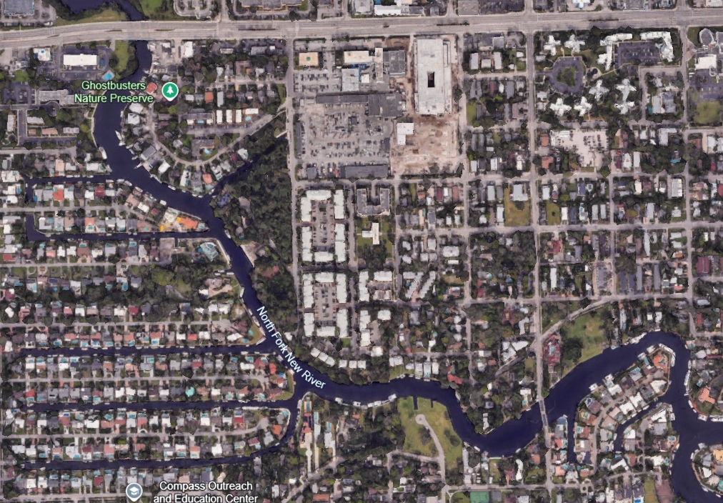 Google Earth satellite imagery showing the lower North Fork river corridor running up to Broward Blvd