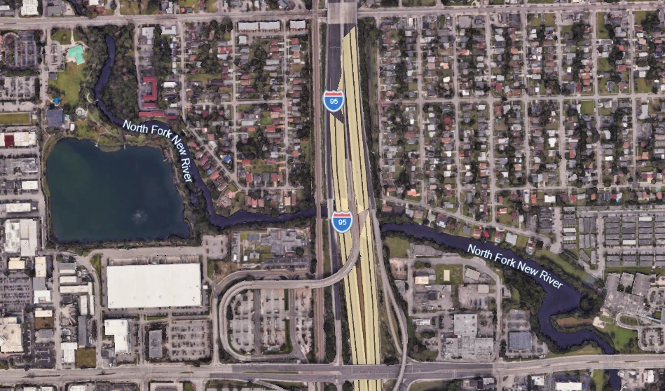 Google Earth satellite imagery showing the middle North Fork river corridor from Broward Blvd to Sistrunk Blvd