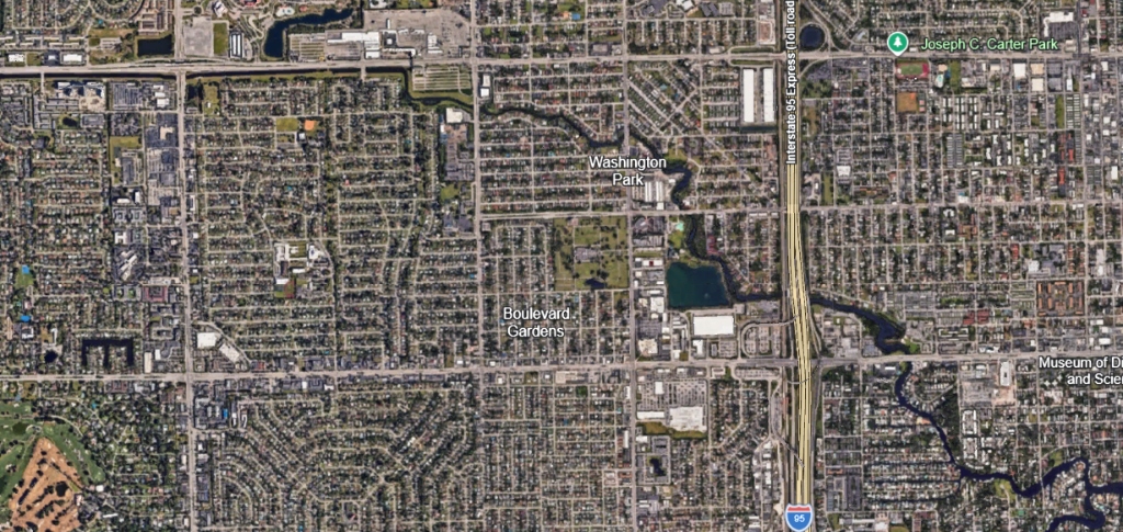 Google Earth satellite imagery showing the winding upper North Fork river channel passing under I-95