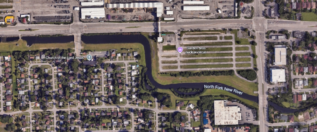 Google Earth satellite imagery showing the North Fork headwaters from 31st Ave to the Swap Shop property